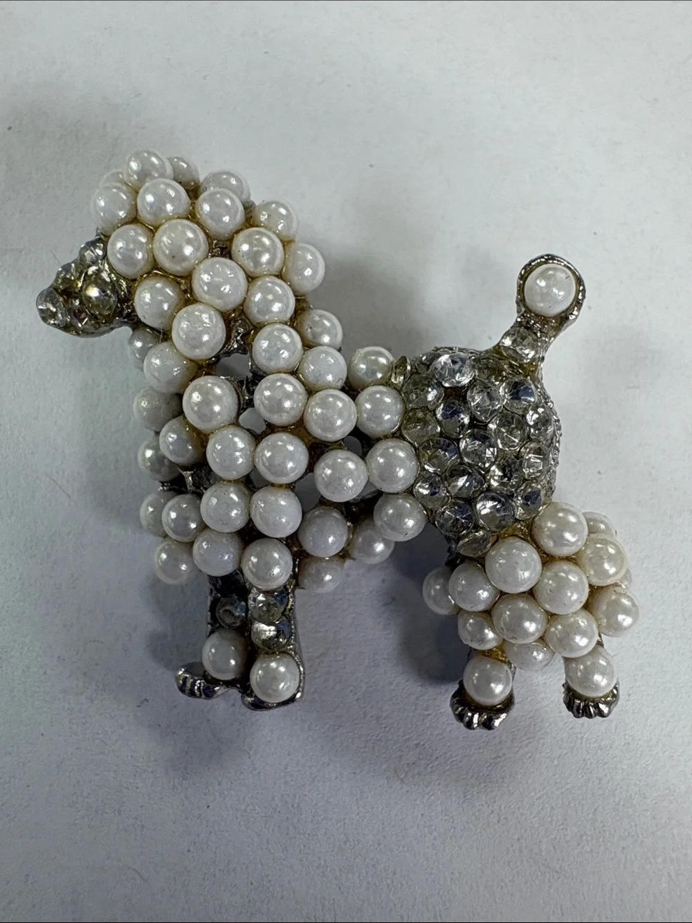 White Pearl and Rhinestone Poodle Brooch - Classic White